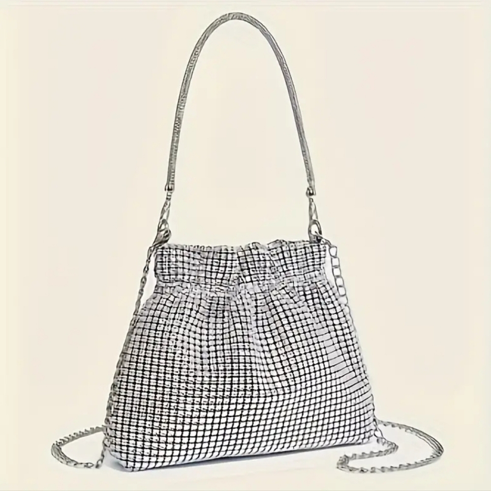 Glitter All Over Rhinestone Decor Satchel Bag, Drawstring Design Shiny Evening